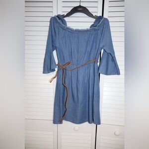 Justice Denim Blue Long Sleeve Dress with Brown Belt